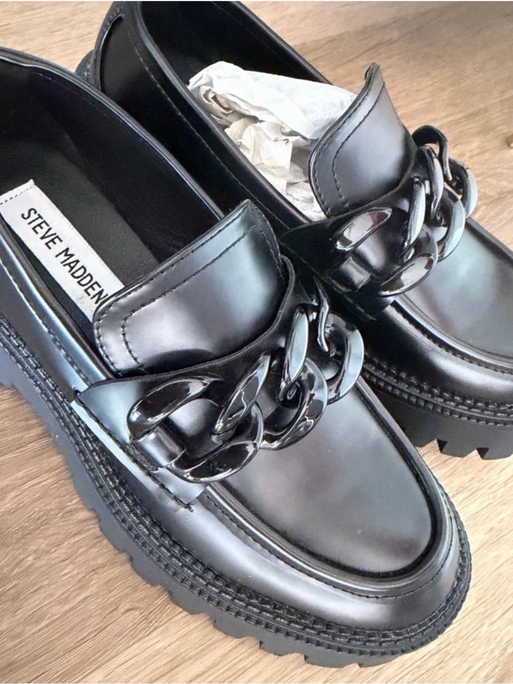 Steve Madden Glossy Black Patent Chain-Link Chunky Loafers